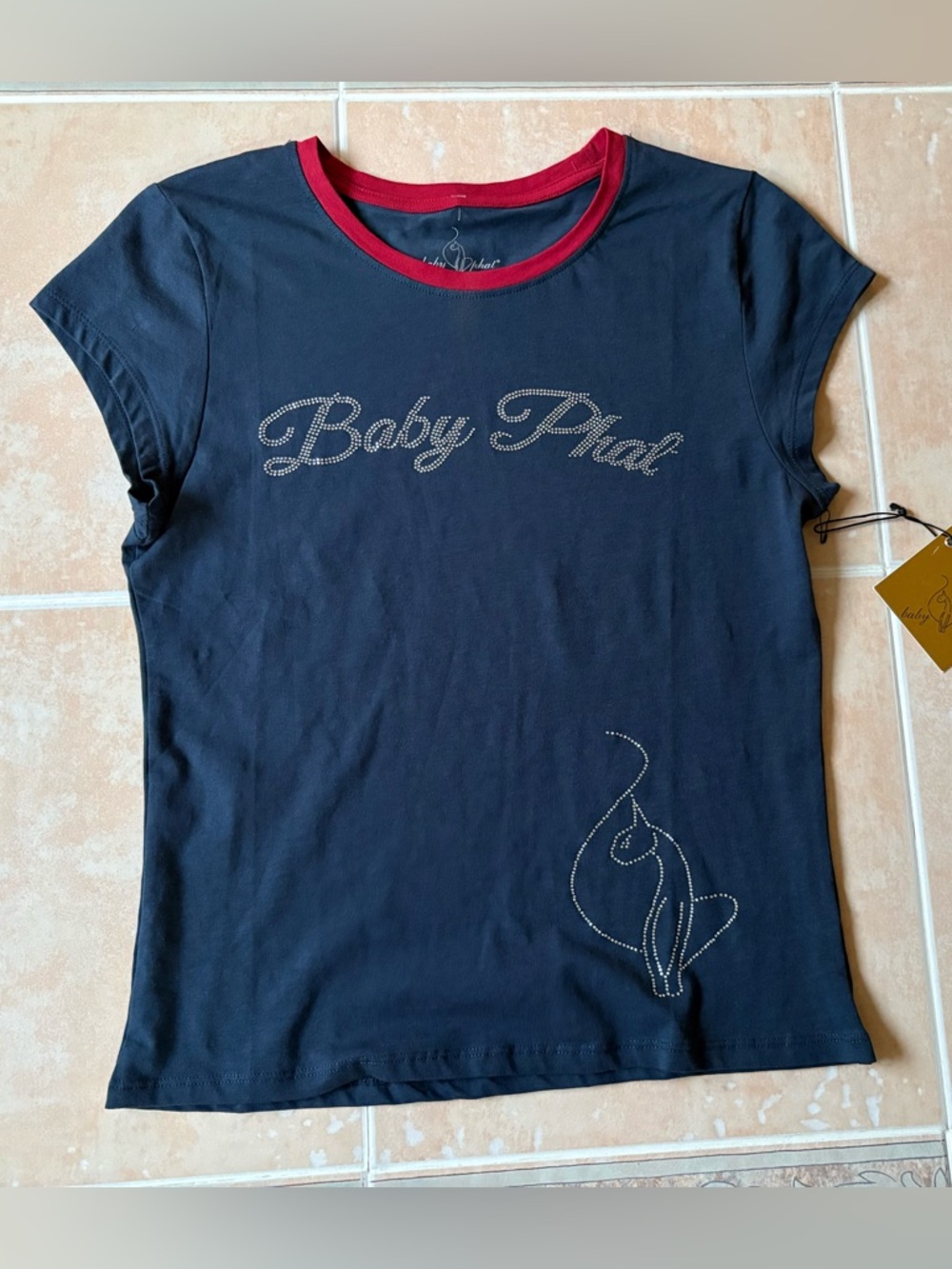 Baby Phat Navy Tee with Red Neckline and Crystal Bling Logo Y2K Juniors